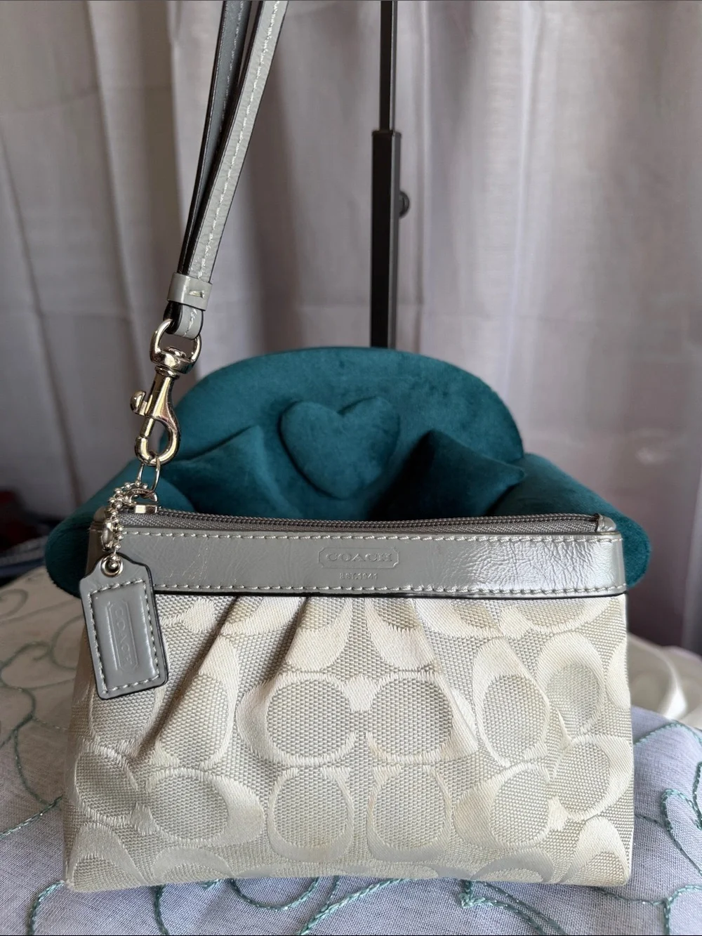 Coach Signature Canvas Wristlet with Silver Trim